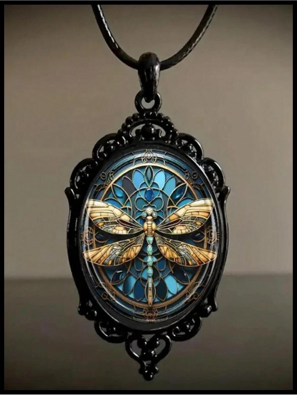 Gothic style dragonfly - Necklace - Black cord - 18"